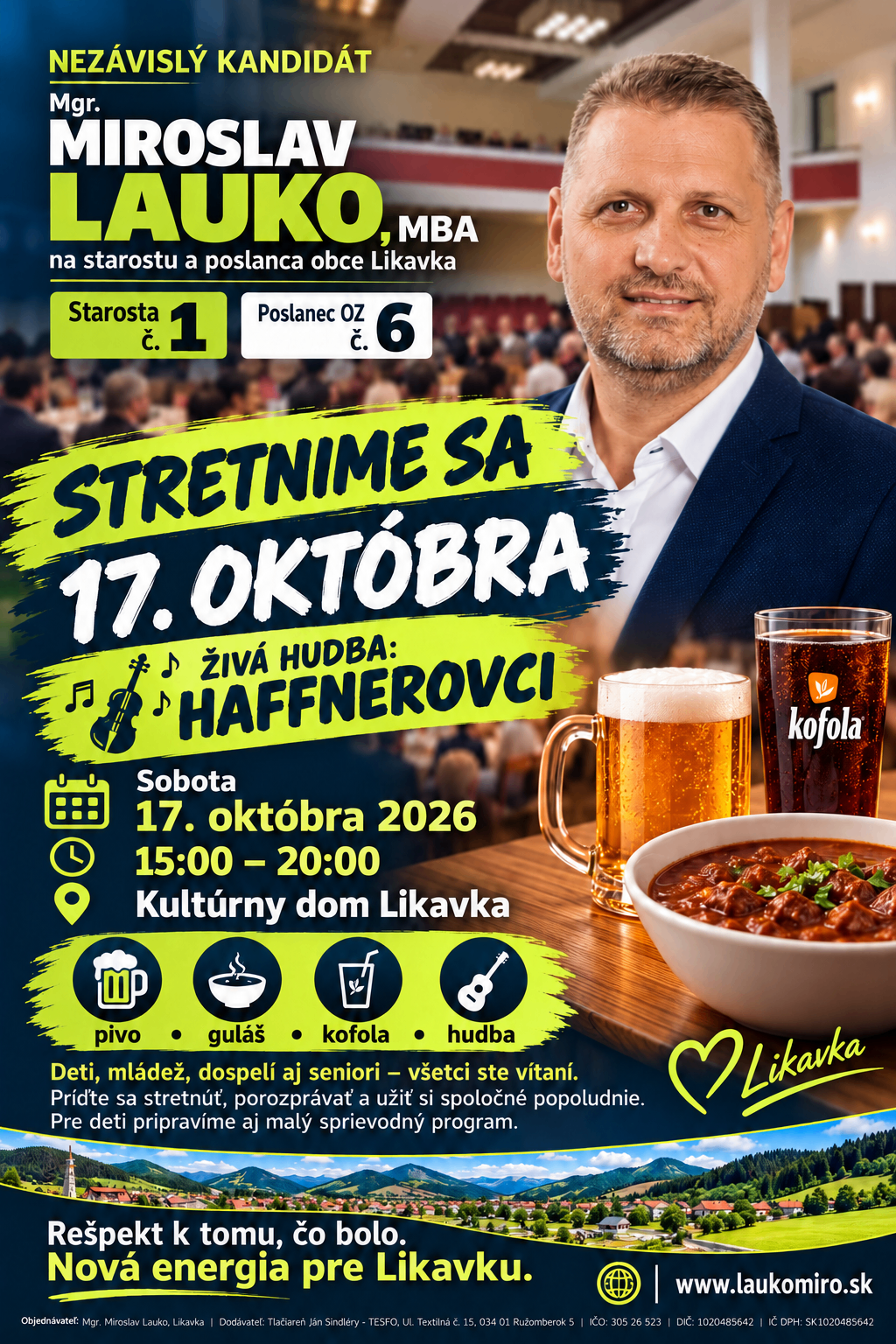 Leták na stretnutie 17. októbra 2026 od 15:00 do 20:00 v Kultúrnom dome Likavka