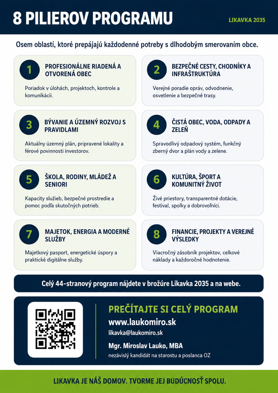 Volebný leták — 8 pilierov programu Likavka 2035